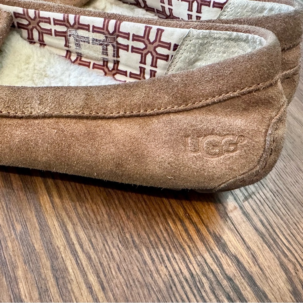 UGG Tan Suede Tassele Moccasin Slipper with White Fleece Lining - Picture 3 of 8